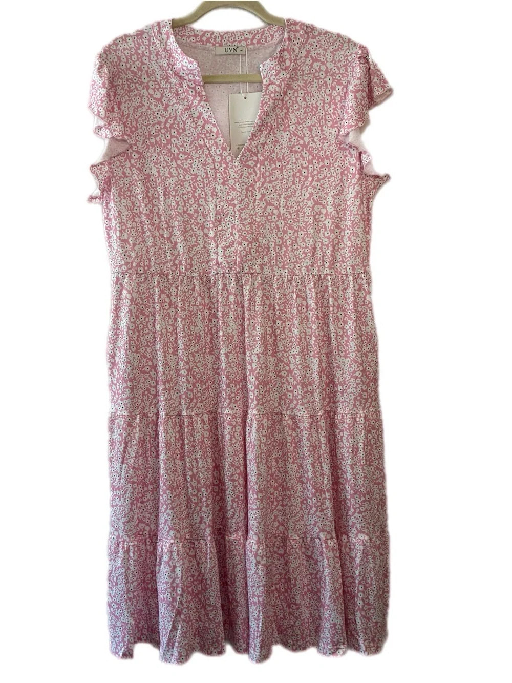 UVN RUFFLE SLEEVE V NECK MIDI PINK FLORAL DRESS, LARGE